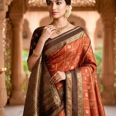 Women's Rust Orange & Brown Jacquard Woven Saree with Gold Zari Checks, Rich Border & Grand Pallu