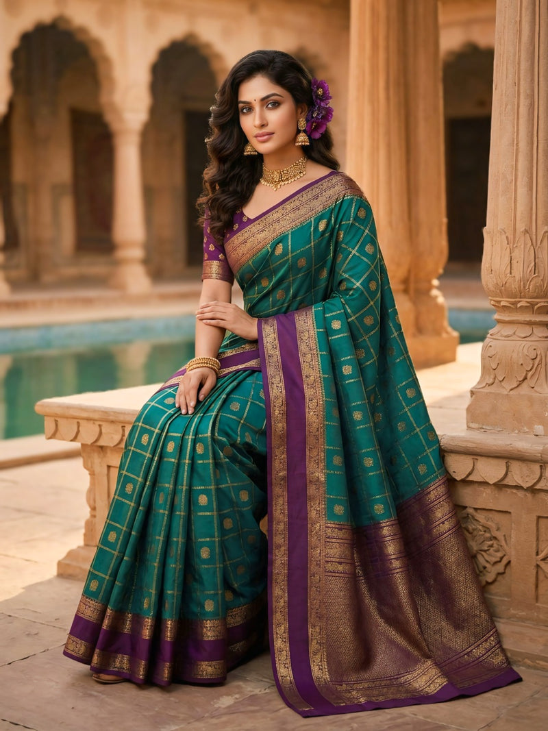 Women's Teal Green & Purple Jacquard Woven Saree with Gold Zari Checks, Rich Border & Designer Pallu