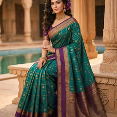 Women's Teal Green & Purple Jacquard Woven Saree with Gold Zari Checks, Rich Border & Designer Pallu