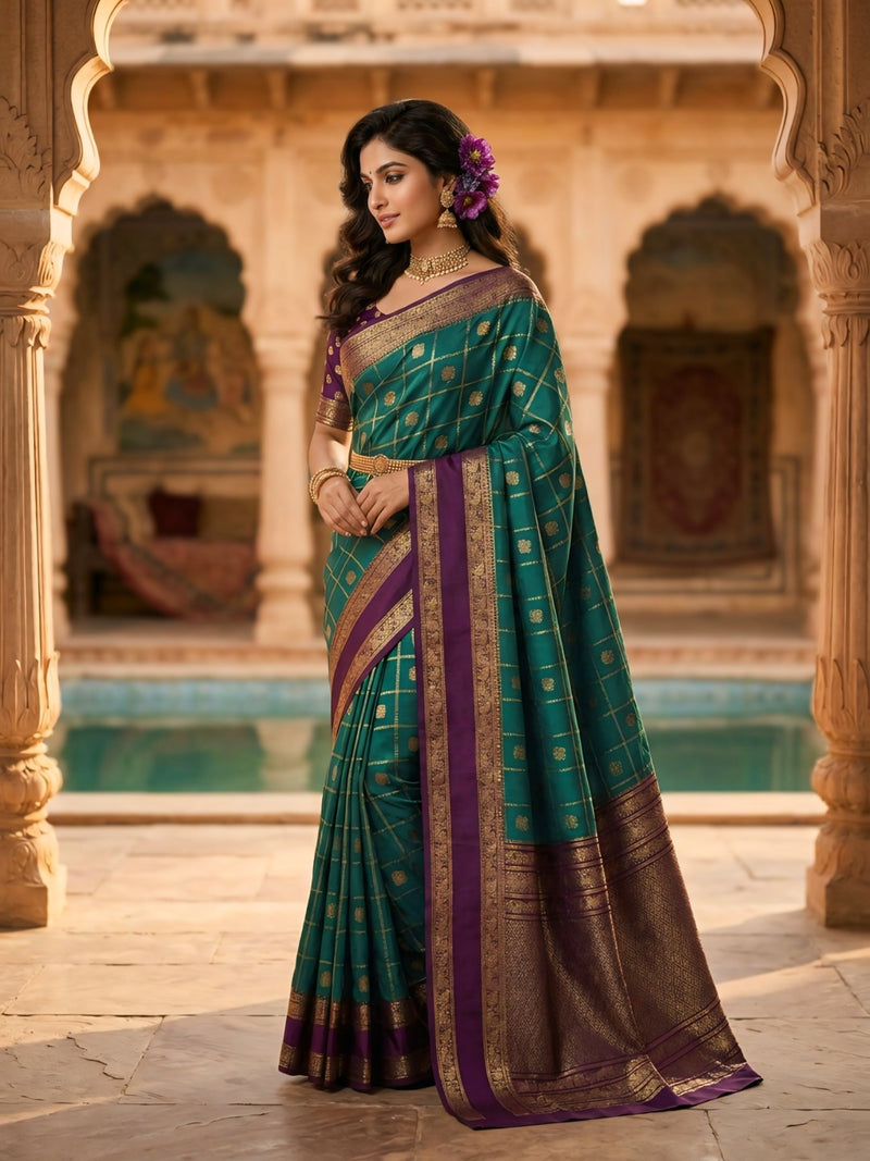 Women's Teal Green & Purple Jacquard Woven Saree with Gold Zari Checks, Rich Border & Designer Pallu
