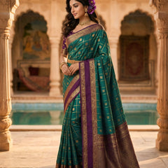 Women's Teal Green & Purple Jacquard Woven Saree with Gold Zari Checks, Rich Border & Designer Pallu