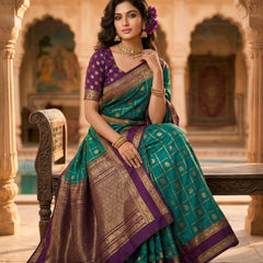 Women's Teal Green & Purple Jacquard Woven Saree with Gold Zari Checks, Rich Border & Designer Pallu