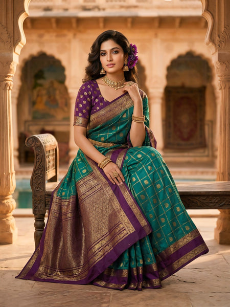 Women's Teal Green & Purple Jacquard Woven Saree with Gold Zari Checks, Rich Border & Designer Pallu