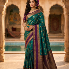 Women's Teal Green & Purple Jacquard Woven Saree with Gold Zari Checks, Rich Border & Designer Pallu