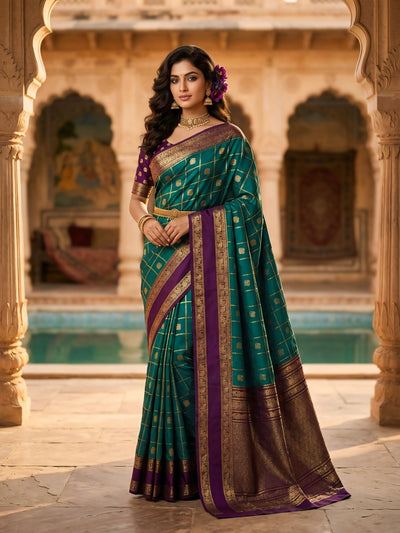 Women's Teal Green & Purple Jacquard Woven Saree with Gold Zari Checks, Rich Border & Designer Pallu