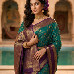 Women's Teal Green & Purple Jacquard Woven Saree with Gold Zari Checks, Rich Border & Designer Pallu