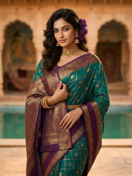 Women's Teal Green & Purple Jacquard Woven Saree with Gold Zari Checks, Rich Border & Designer Pallu