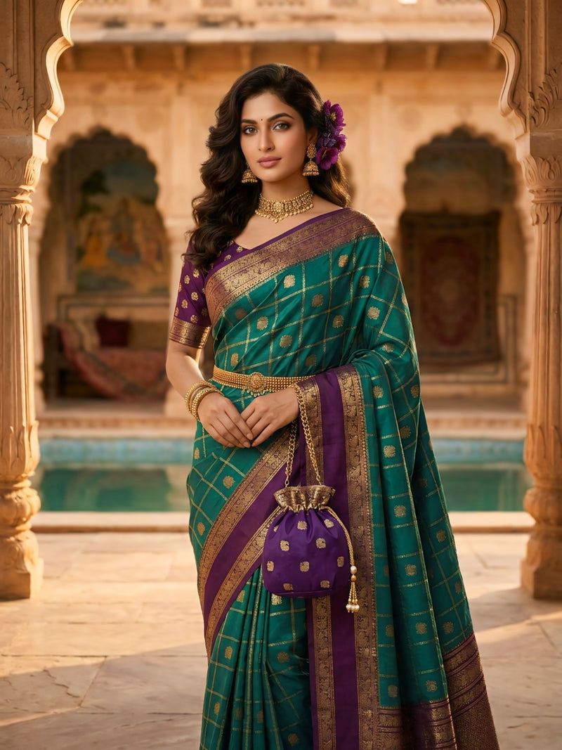 Women's Teal Green & Purple Jacquard Woven Saree with Gold Zari Checks, Rich Border & Designer Pallu