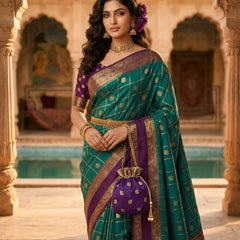 Women's Teal Green & Purple Jacquard Woven Saree with Gold Zari Checks, Rich Border & Designer Pallu
