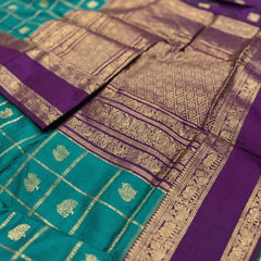 Women's Teal Green & Purple Jacquard Woven Saree with Gold Zari Checks, Rich Border & Designer Pallu