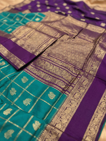 Women's Teal Green & Purple Jacquard Woven Saree with Gold Zari Checks, Rich Border & Designer Pallu