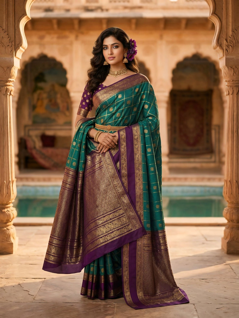 Women's Teal Green & Purple Jacquard Woven Saree with Gold Zari Checks, Rich Border & Designer Pallu