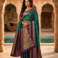 Women's Teal Green & Purple Jacquard Woven Saree with Gold Zari Checks, Rich Border & Designer Pallu