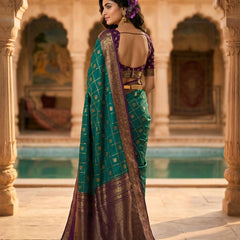 Women's Teal Green & Purple Jacquard Woven Saree with Gold Zari Checks, Rich Border & Designer Pallu