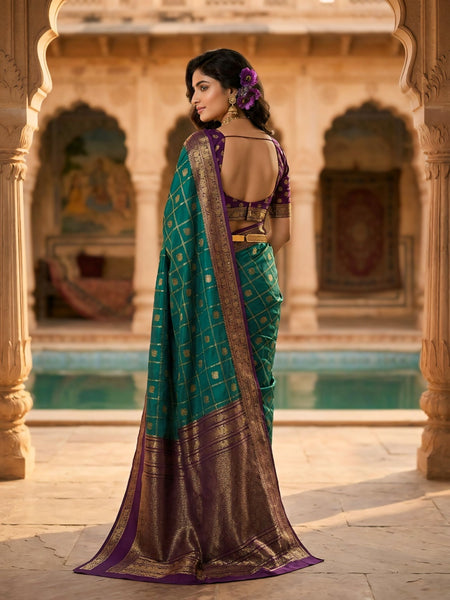 Women's Teal Green & Purple Jacquard Woven Saree with Gold Zari Checks, Rich Border & Designer Pallu