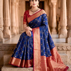 Women's Royal Blue & Red Jacquard Woven Saree with Gold Zari Checks, Butti Motifs & Rich Pallu