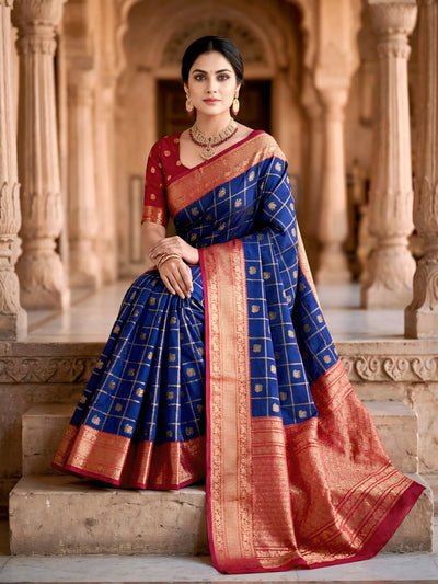 Women's Royal Blue & Red Jacquard Woven Saree with Gold Zari Checks, Butti Motifs & Rich Pallu