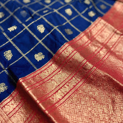 Women's Royal Blue & Red Jacquard Woven Saree with Gold Zari Checks, Butti Motifs & Rich Pallu