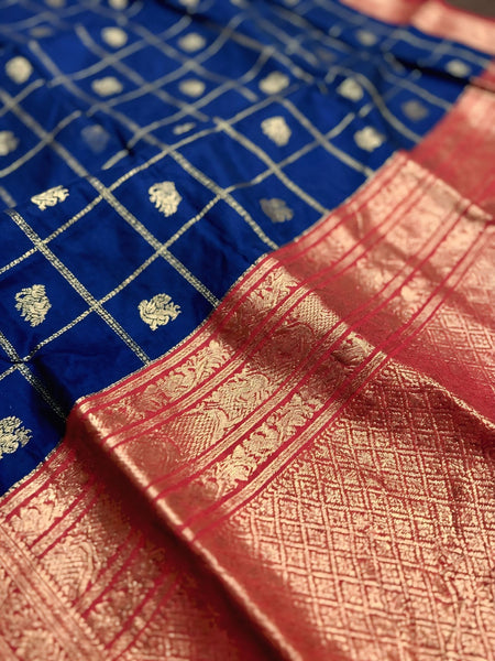 Women's Royal Blue & Red Jacquard Woven Saree with Gold Zari Checks, Butti Motifs & Rich Pallu