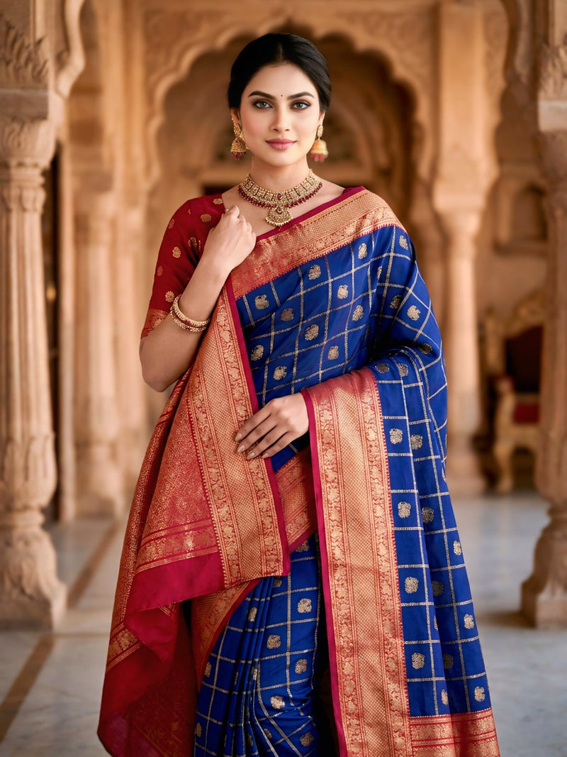 Women's Royal Blue & Red Jacquard Woven Saree with Gold Zari Checks, Butti Motifs & Rich Pallu