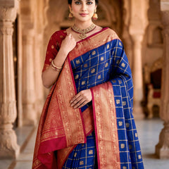 Women's Royal Blue & Red Jacquard Woven Saree with Gold Zari Checks, Butti Motifs & Rich Pallu