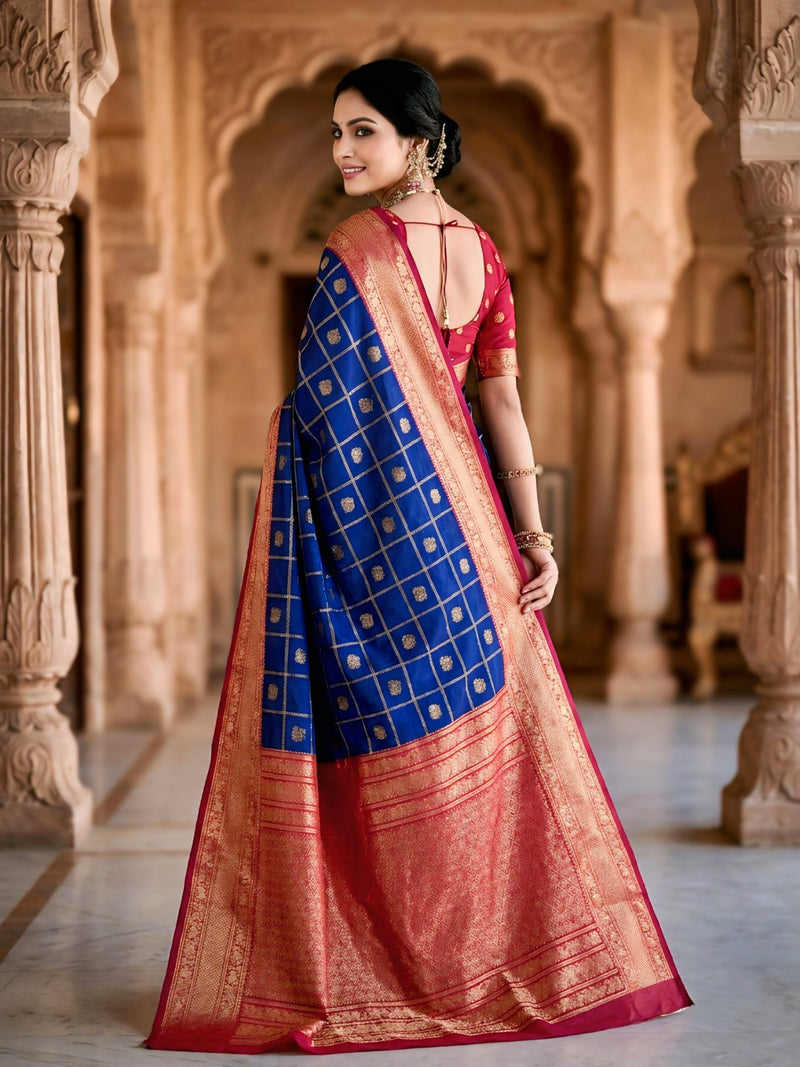 Women's Royal Blue & Red Jacquard Woven Saree with Gold Zari Checks, Butti Motifs & Rich Pallu