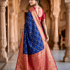 Women's Royal Blue & Red Jacquard Woven Saree with Gold Zari Checks, Butti Motifs & Rich Pallu