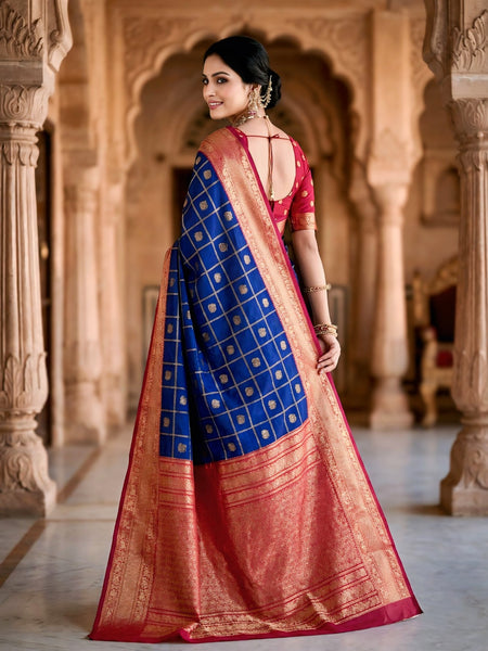 Women's Royal Blue & Red Jacquard Woven Saree with Gold Zari Checks, Butti Motifs & Rich Pallu