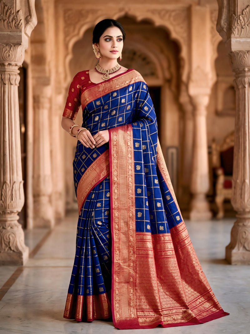 Women's Royal Blue & Red Jacquard Woven Saree with Gold Zari Checks, Butti Motifs & Rich Pallu