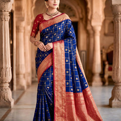 Women's Royal Blue & Red Jacquard Woven Saree with Gold Zari Checks, Butti Motifs & Rich Pallu