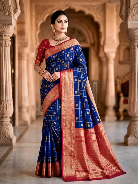 Women's Royal Blue & Red Jacquard Woven Saree with Gold Zari Checks, Butti Motifs & Rich Pallu