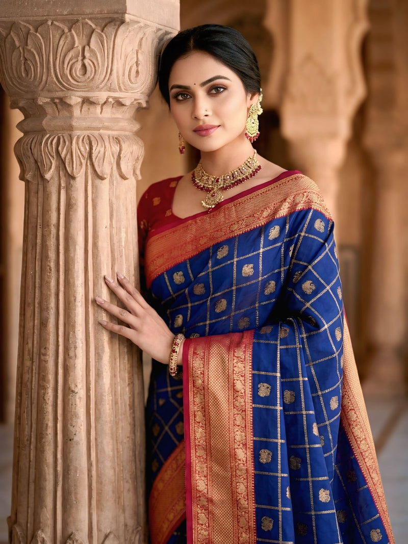 Women's Royal Blue & Red Jacquard Woven Saree with Gold Zari Checks, Butti Motifs & Rich Pallu