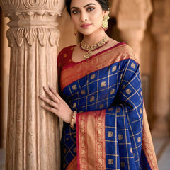Women's Royal Blue & Red Jacquard Woven Saree with Gold Zari Checks, Butti Motifs & Rich Pallu