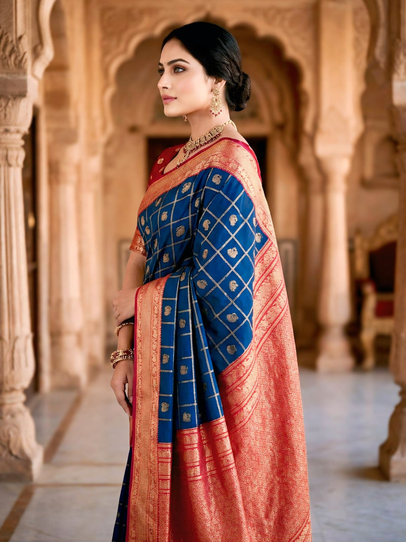 Women's Royal Blue & Red Jacquard Woven Saree with Gold Zari Checks, Butti Motifs & Rich Pallu