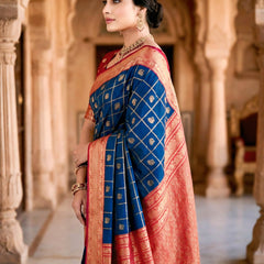 Women's Royal Blue & Red Jacquard Woven Saree with Gold Zari Checks, Butti Motifs & Rich Pallu