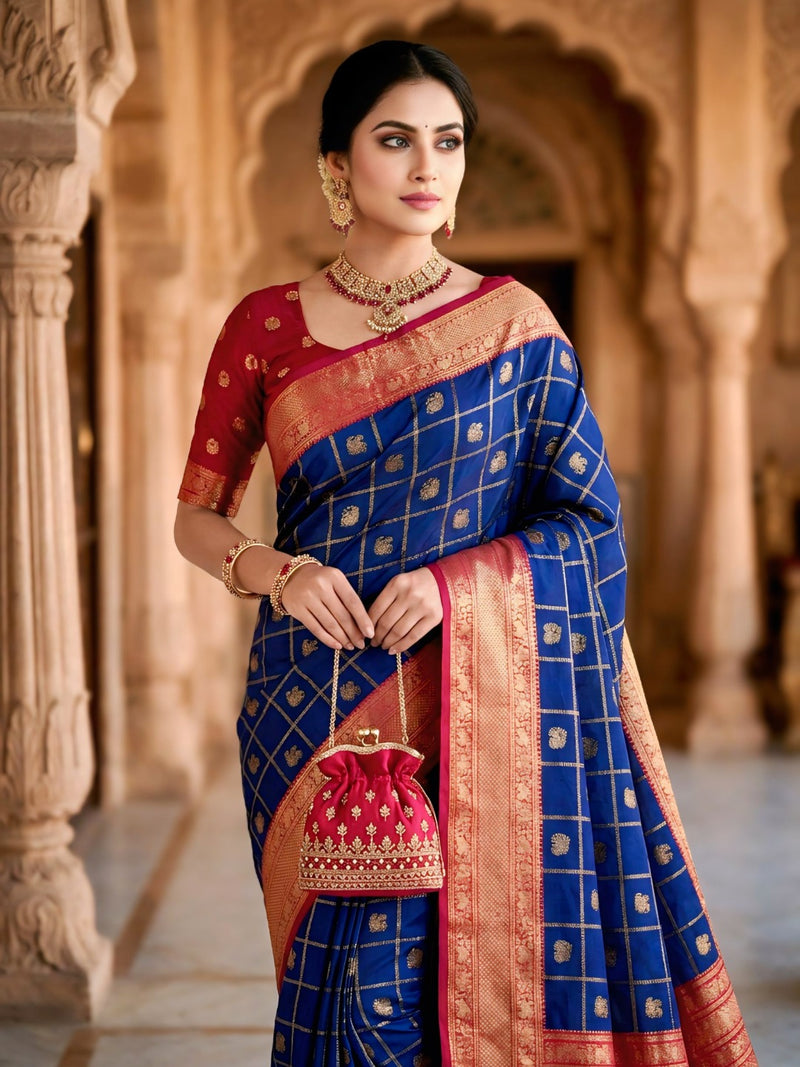 Women's Royal Blue & Red Jacquard Woven Saree with Gold Zari Checks, Butti Motifs & Rich Pallu