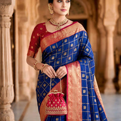 Women's Royal Blue & Red Jacquard Woven Saree with Gold Zari Checks, Butti Motifs & Rich Pallu
