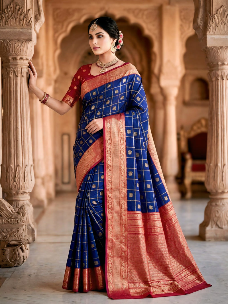 Women's Royal Blue & Red Jacquard Woven Saree with Gold Zari Checks, Butti Motifs & Rich Pallu