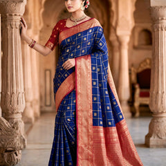 Women's Royal Blue & Red Jacquard Woven Saree with Gold Zari Checks, Butti Motifs & Rich Pallu