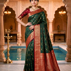 Women's Bottle Green & Maroon Jacquard Woven Saree with Gold Zari Checks, Butti Motifs & Rich Pallu