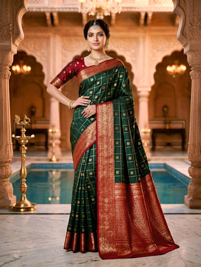 Women's Bottle Green & Maroon Jacquard Woven Saree with Gold Zari Checks, Butti Motifs & Rich Pallu