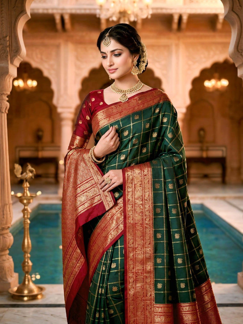 Women's Bottle Green & Maroon Jacquard Woven Saree with Gold Zari Checks, Butti Motifs & Rich Pallu
