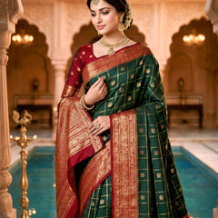 Women's Bottle Green & Maroon Jacquard Woven Saree with Gold Zari Checks, Butti Motifs & Rich Pallu