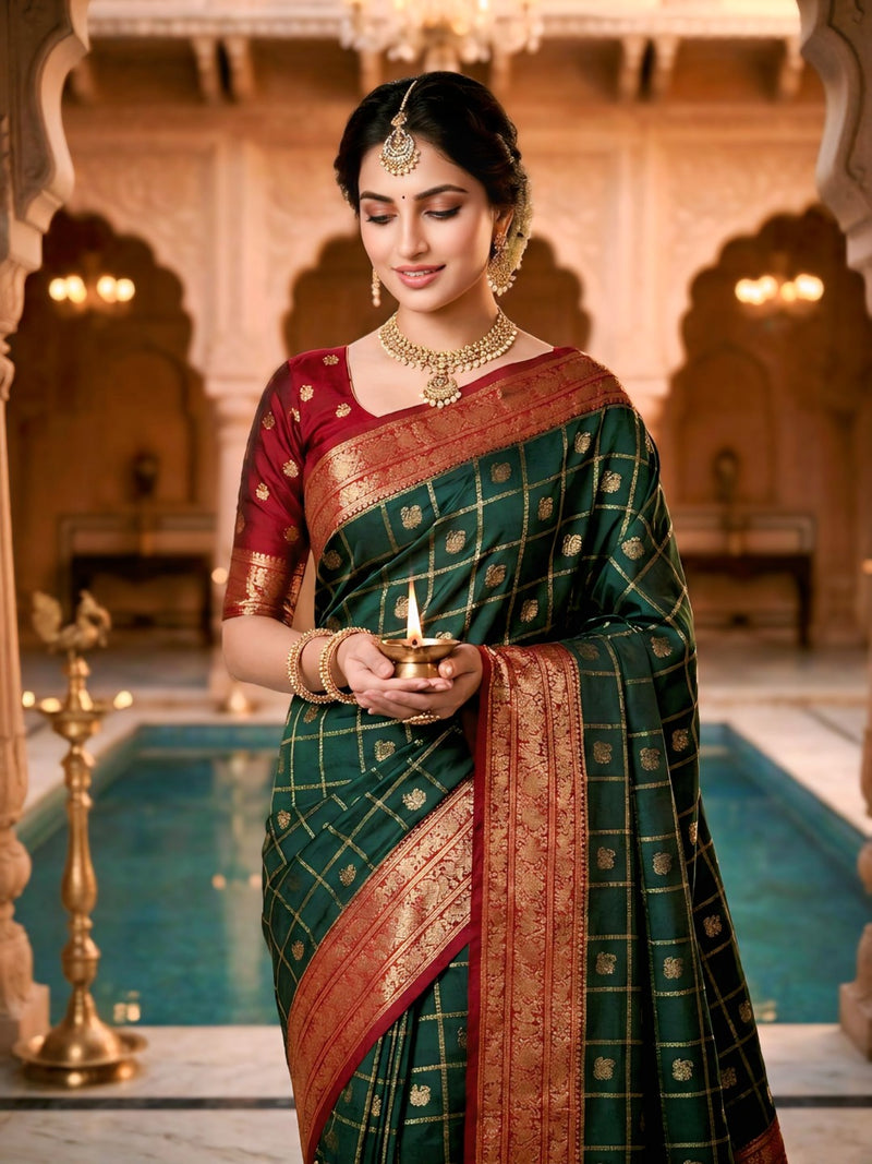 Women's Bottle Green & Maroon Jacquard Woven Saree with Gold Zari Checks, Butti Motifs & Rich Pallu