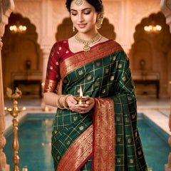 Women's Bottle Green & Maroon Jacquard Woven Saree with Gold Zari Checks, Butti Motifs & Rich Pallu