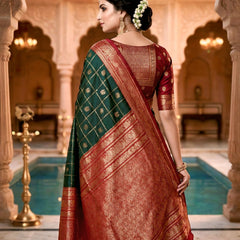 Women's Bottle Green & Maroon Jacquard Woven Saree with Gold Zari Checks, Butti Motifs & Rich Pallu