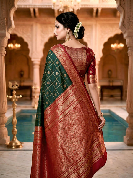 Women's Bottle Green & Maroon Jacquard Woven Saree with Gold Zari Checks, Butti Motifs & Rich Pallu