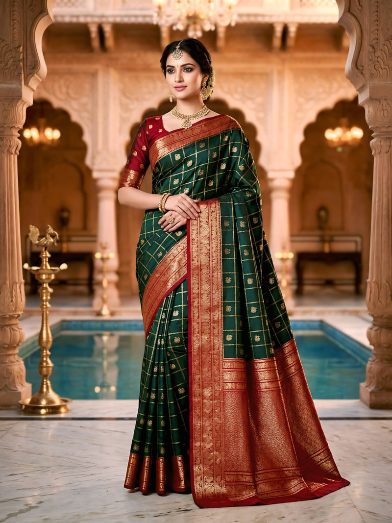 Women's Bottle Green & Maroon Jacquard Woven Saree with Gold Zari Checks, Butti Motifs & Rich Pallu