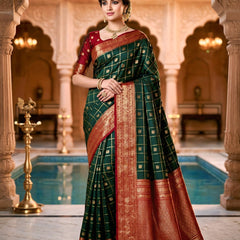Women's Bottle Green & Maroon Jacquard Woven Saree with Gold Zari Checks, Butti Motifs & Rich Pallu