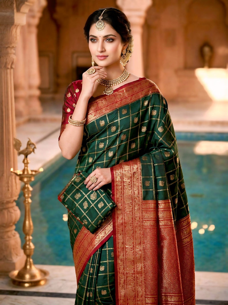 Women's Bottle Green & Maroon Jacquard Woven Saree with Gold Zari Checks, Butti Motifs & Rich Pallu